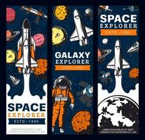 Space exploration retro vector banners, cosmos