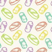 Pills seamless pattern. Hand drawn vector background in doodle sketch style. Pharmacy medical design