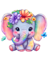 Cute baby elephant watercolor flowers png