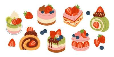 linda fresa postre plano vector. conjunto de delicioso dulces y postres con fresa sabor para enamorado día. vector ilustración