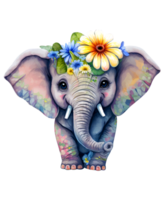 fofa bebê elefante aguarela flores ai generativo png