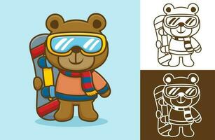 Bear in winter clothes and ski goggles with snowboard. Vector cartoon illustration in flat icon style