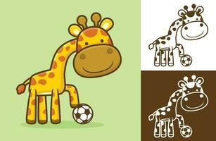 Funny giraffe with soccer ball. Vector cartoon illustration in flat icon style