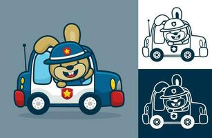 Rabbit wearing cop hat on police car. Vector cartoon illustration in flat icon style