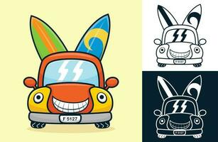 Funny smiling car carrying two surfboard. Vector cartoon illustration in flat icon style