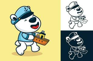 Funny polar bear in sailor costume holding little boat. Vector cartoon illustration in flat icon style