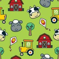 seamless pattern vector of cartoon farm animals face with farming elements