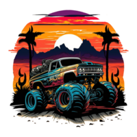 vintage monster car design, driving in the mountains with sunset, retro style, suitable for print design such as t-shirt design, stickers, etc, generative ai png