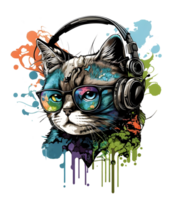 fofa gato vestindo óculos e fone de ouvido, Diversão colorida conceito, ideal para impressão desenhos gostar camiseta desenhos, adesivos, etc. generativo ai png