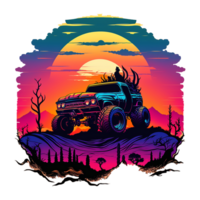 vintage monster car design, driving in the mountains with sunset, retro style, suitable for print design such as t-shirt design, stickers, etc, png