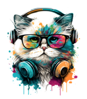 cute cat wearing glasses and headset, fun colorful concept, ideal for print designs like t-shirt designs, stickers, etc. png