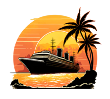 Cruise ship sticker design with sea and sunset view. generative ai png