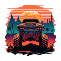 wijnoogst monster auto ontwerp, het rijden in de bergen met zonsondergang, retro stijl, geschikt voor afdrukken ontwerp zo net zo t-shirt ontwerp, stickers, enz, generatief ai png
