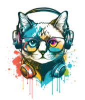 cute cat wearing glasses and headset, fun colorful concept, ideal for print designs like t-shirt designs, stickers, etc. png