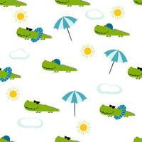 Seamless pattern with funny crocodiles and palmss. Childish background. Vector cute animal background