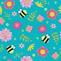 Seamless pattern with beautiful flowers, leaves and bees. Cute spring pattern vector