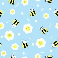 Simple seamless pattern with flowers, leaves and smiling bee. Cute spring pattern. vector