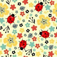 Seamless pattern with different cute flowers and ladybugs vector