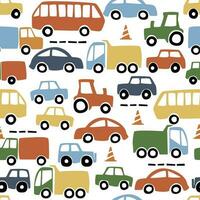 Funny print with cars drawn by children. Seamless cars pattern vector