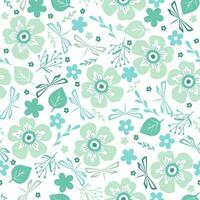 Seamless spring pattern with different cute flowers and dragonflies vector