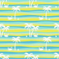 Cute colorful summer seamless vector pattern with palm trees, crabs and shells