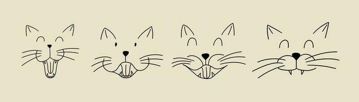 Set of funny expressions of cat faces in doodle style. Vector illustration