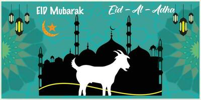 Illustration vector graphic of a mosque and goat in silhouette with a glowing lantern for Eid al adha mubarak. good for background, banner, card, and poster flyer templates.