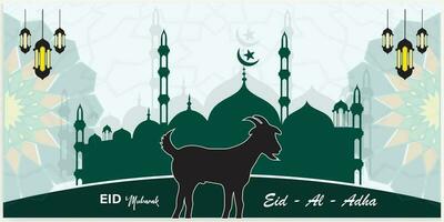 Illustration vector graphic of a mosque and goat in silhouette with a glowing lantern for Eid al adha mubarak. good for background, banner, card, and poster flyer templates.