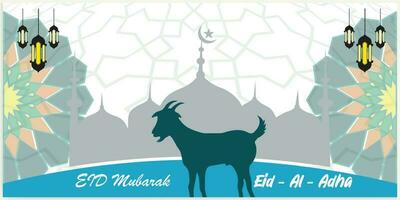 Illustration vector graphic of a mosque and goat in silhouette with a glowing lantern for Eid al adha mubarak. good for background, banner, card, and poster flyer templates.