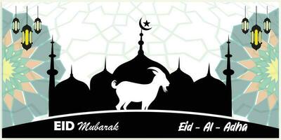 Illustration vector graphic of a mosque and goat in silhouette with a glowing lantern for Eid al adha mubarak. good for background, banner, card, and poster flyer templates.