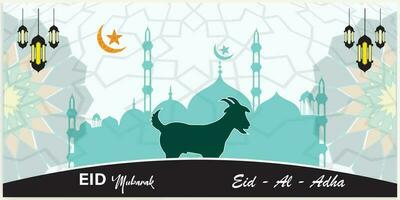 Illustration vector graphic of a mosque and goat in silhouette with a glowing lantern for Eid al adha mubarak. good for background, banner, card, and poster flyer templates.