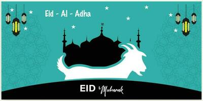 Illustration vector graphic of a mosque and goat in silhouette with a glowing lantern for Eid al adha mubarak. good for background, banner, card, and poster flyer templates.