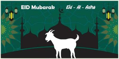 Illustration vector graphic of a mosque and goat in silhouette with a glowing lantern for Eid al adha mubarak. good for background, banner, card, and poster flyer templates.