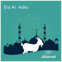 Illustration vector graphic of a mosque and goat in silhouette with a glowing lantern for Eid al adha mubarak. good for background, banner, card, and poster flyer templates.