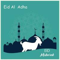 Illustration vector graphic of a mosque and goat in silhouette with a glowing lantern for Eid al adha mubarak. good for background, banner, card, and poster flyer templates.