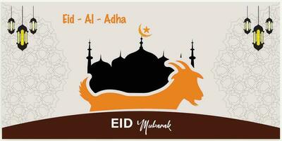 Illustration vector graphic of a mosque and goat in silhouette with a glowing lantern for Eid al adha mubarak. good for background, banner, card, and poster flyer templates.