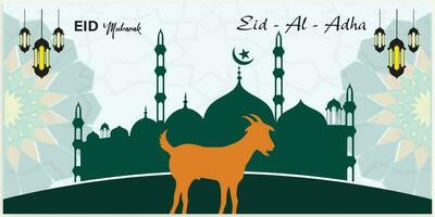 Illustration vector graphic of a mosque and goat in silhouette with a glowing lantern for Eid al adha mubarak. good for background, banner, card, and poster flyer templates.