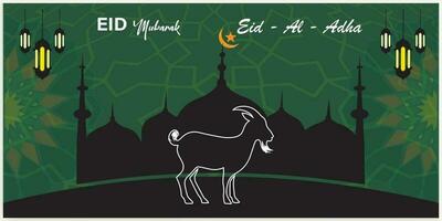 Illustration vector graphic of a mosque and goat in silhouette with a glowing lantern for Eid al adha mubarak. good for background, banner, card, and poster flyer templates.