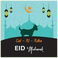 Illustration vector graphic of a mosque and goat in silhouette with a glowing lantern for Eid al adha mubarak. good for background, banner, card, and poster flyer templates.