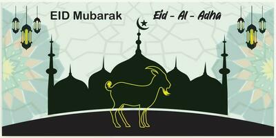 Illustration vector graphic of a mosque and goat in silhouette with a glowing lantern for Eid al adha mubarak. good for background, banner, card, and poster flyer templates.