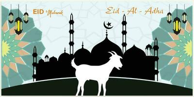 Illustration vector graphic of a mosque and goat in silhouette with a glowing lantern for Eid al adha mubarak. good for background, banner, card, and poster flyer templates.