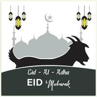 Illustration vector graphic of a mosque and goat in silhouette with a glowing lantern for Eid al adha mubarak. good for background, banner, card, and poster flyer templates.