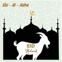 Illustration vector graphic of a mosque and goat in silhouette with a glowing lantern for Eid al adha mubarak. good for background, banner, card, and poster flyer templates.