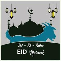Illustration vector graphic of a mosque and goat in silhouette with a glowing lantern for Eid al adha mubarak. good for background, banner, card, and poster flyer templates.