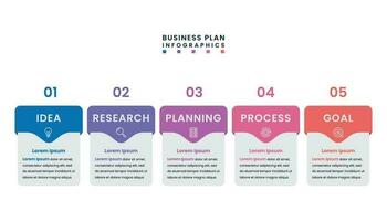 Business plan infographics. Timeline with icons, numbers and 5 steps or option. vector