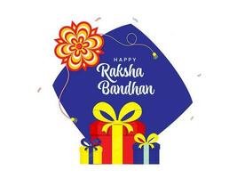 Happy Raksha Bandhan Celebration Concept With Gift Boxes, Floral Rakhi On Blue And White Background. vector