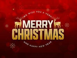 Merry Christmas And Happy New Year Wishes With Golden Two Reindeer And Snowflakes On Red Bokeh Background. vector