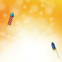 Festive fireworks on yellow colorful bokeh background. Fireworks background. Copy space for your text. Vector illustration