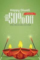 diwali rebaja con petróleo lámpara y galletas contento diwali rebaja póster diseño modelo vector ilustración.
