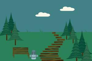 Illustration of outdoor scene with hiking trail, bench, backpack and sleeping bag with nature background. vector